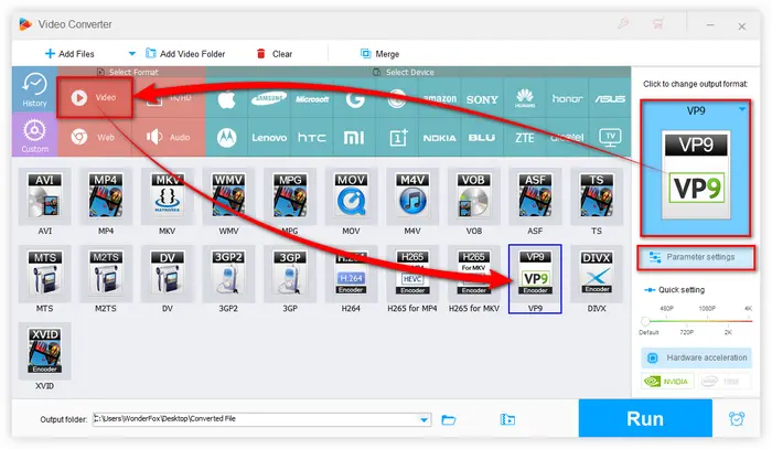 Выбор профиля VP9 и Parameter settings в WonderFox HD Video Converter Factory Pro