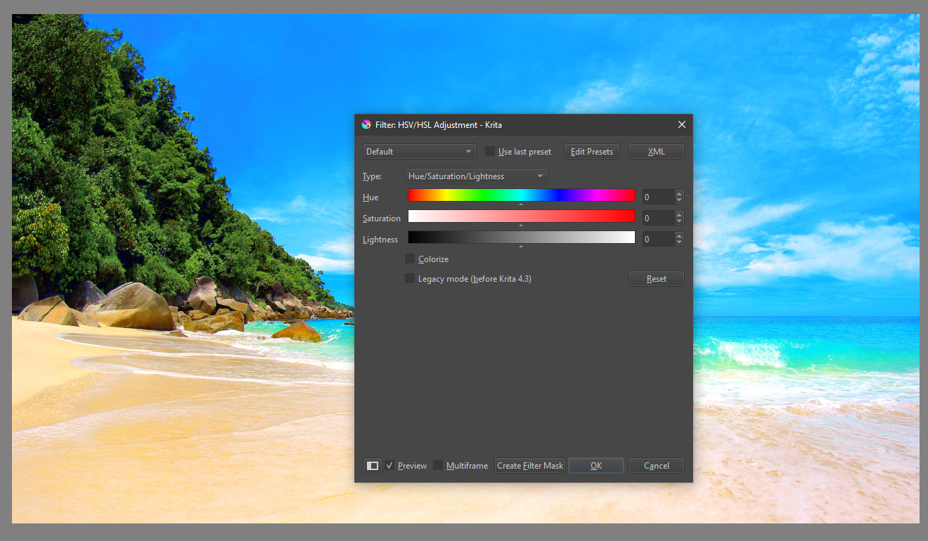 Интерфейс Krita с фильтром HSV HSL Adjustment