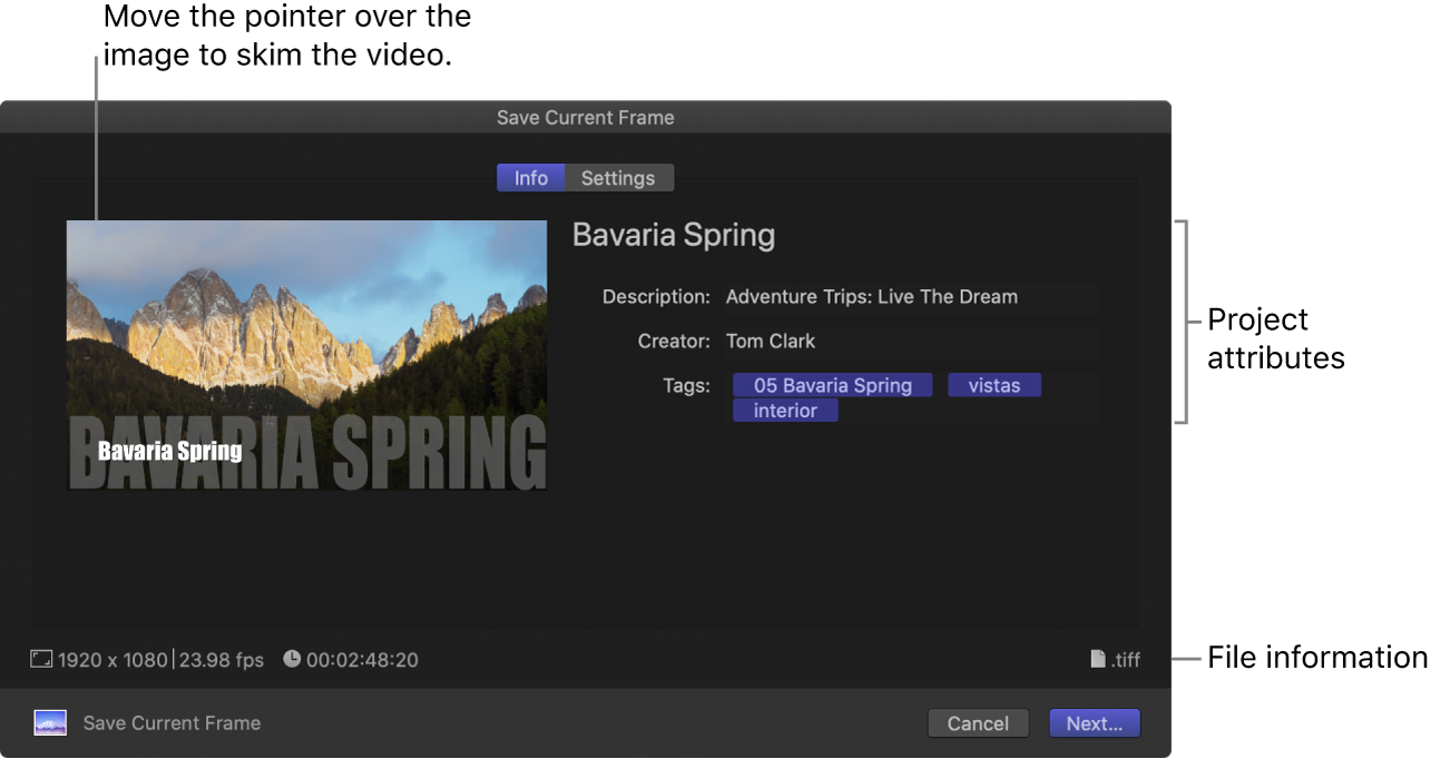 Окно Save Current Frame в Final Cut Pro