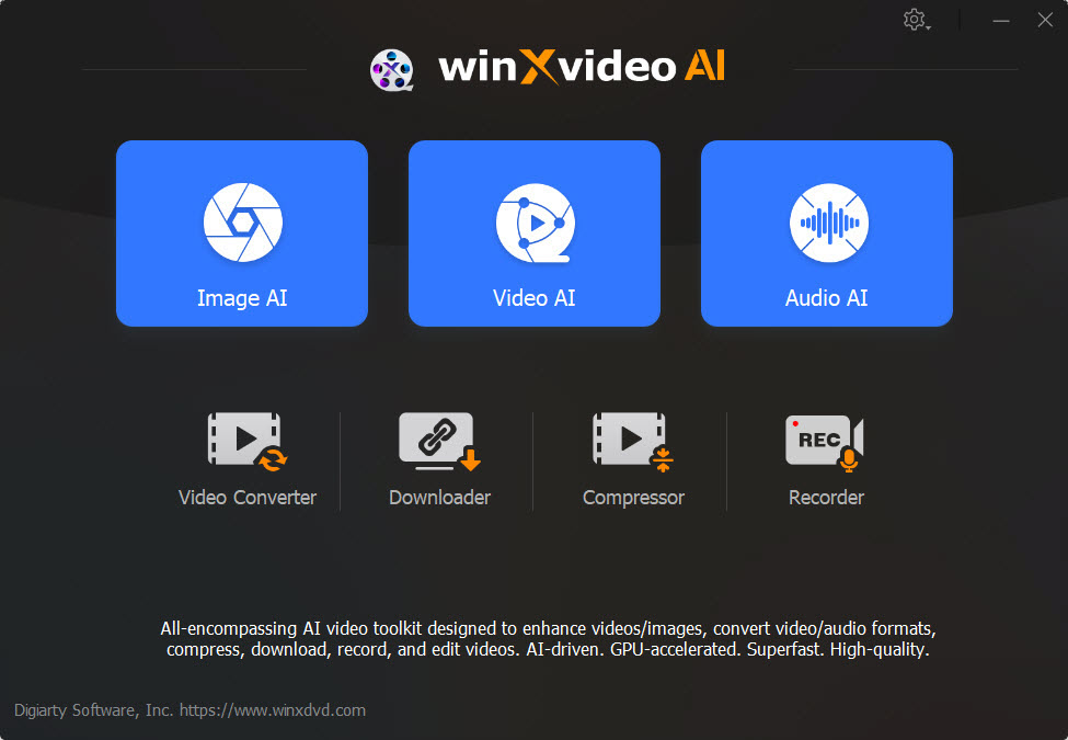 Главный экран Winxvideo AI с модулем Video Converter