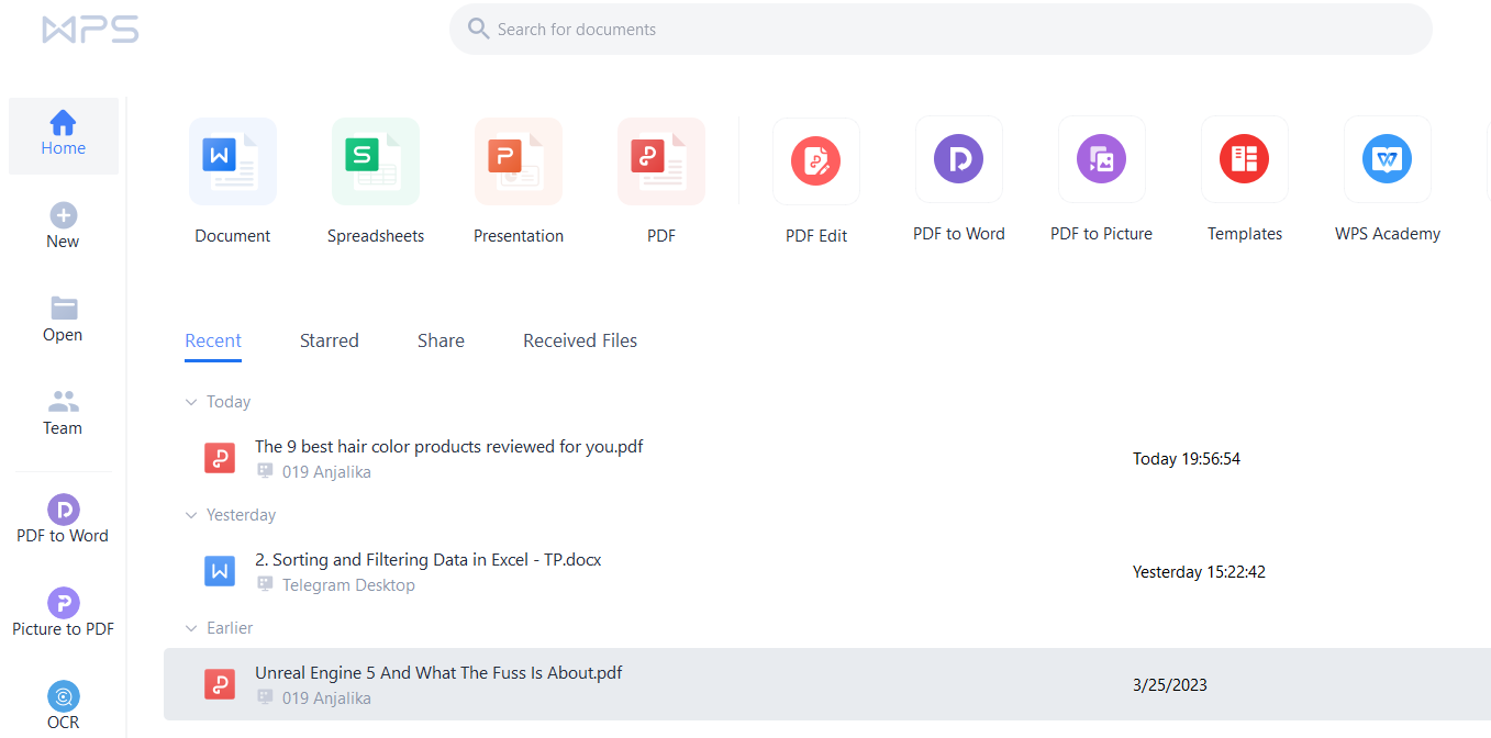 Стартовое окно WPS Office с разделами Document, Spreadsheets, Presentation, PDF, PDF Edit, PDF to Word и PDF to Picture
