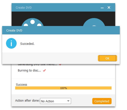 VideoSolo DVD Creator: сообщение об успешном завершении записи DVD
