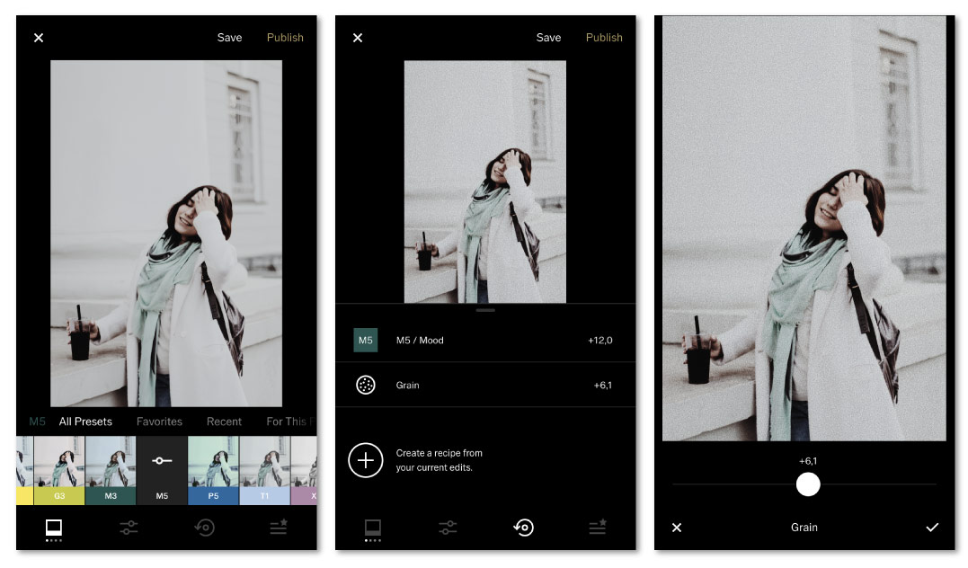 Интерфейс VSCO с фотографией и панелью пресетов, экран 1