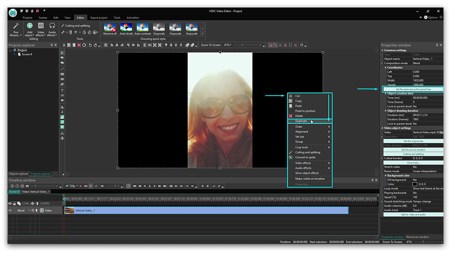 Дублирование вертикального клипа в VSDC Free Video Editor