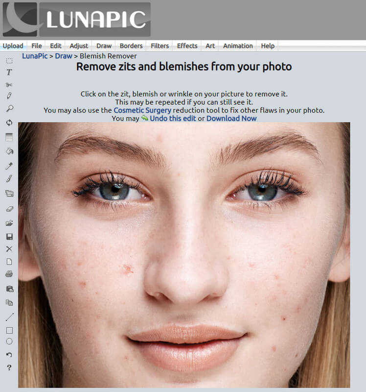 Интерфейс Blemish Remover в LunaPic