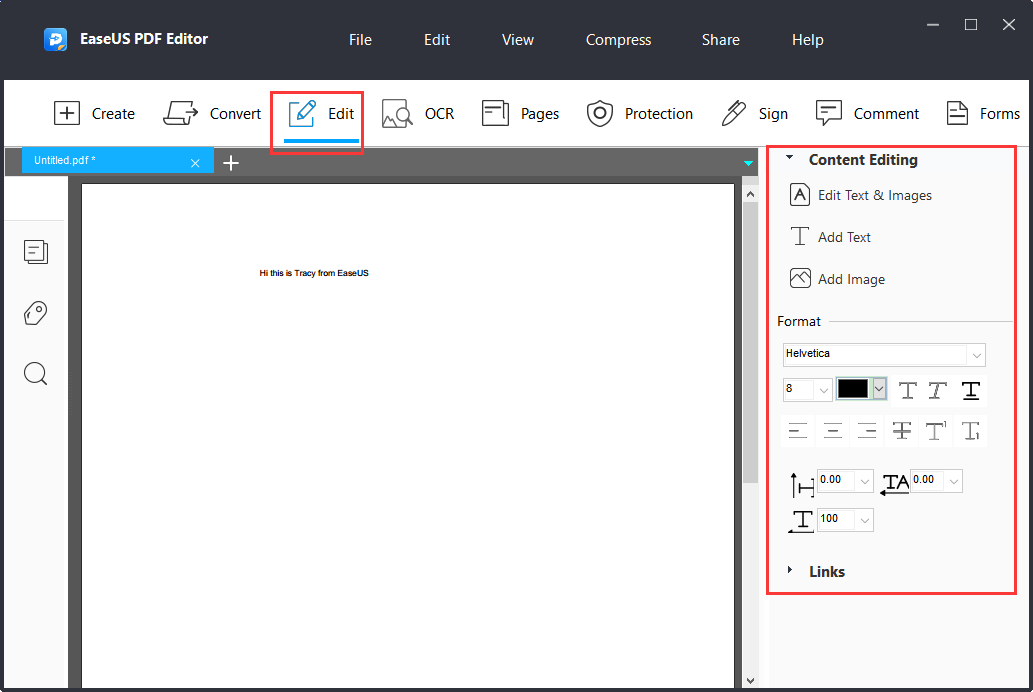 Интерфейс EaseUS PDF Editor: вкладка Edit и панель редактирования содержимого