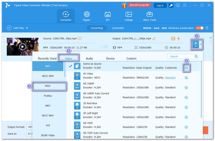 Tipard Video Converter Ultimate: окно Converter, Add Files и список выходных форматов с MOV