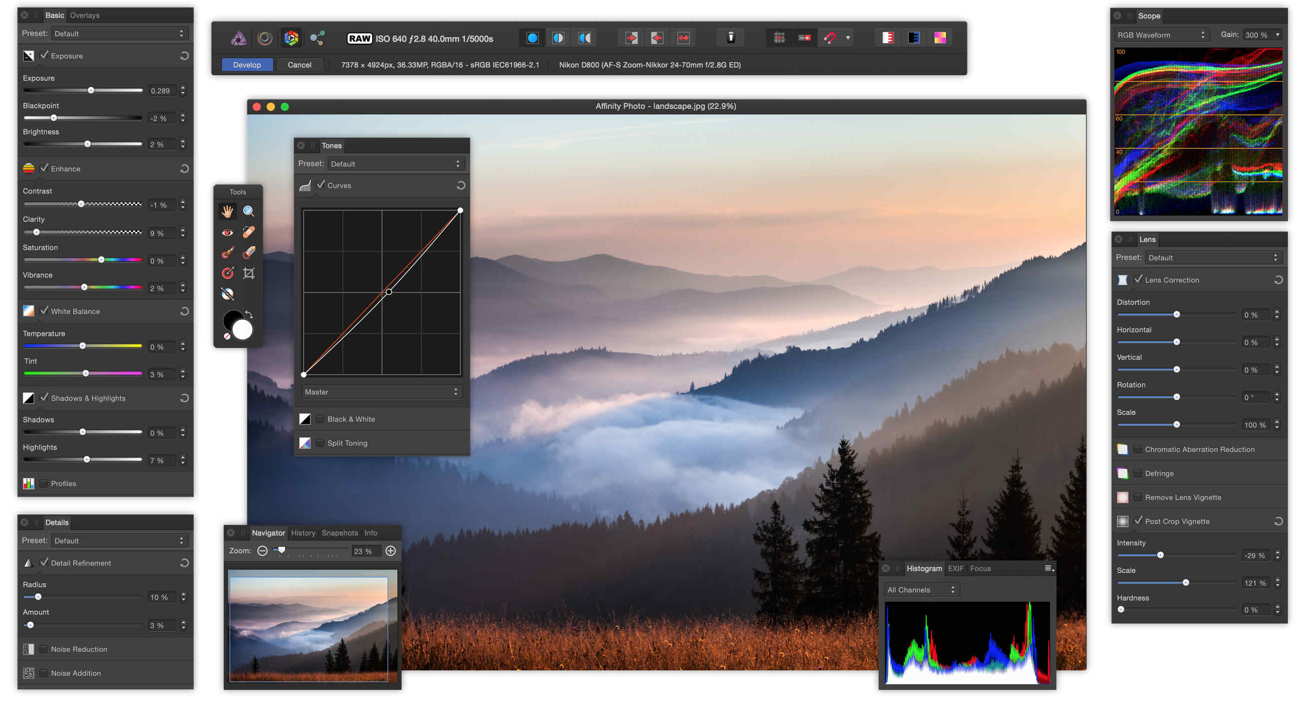 Дополнительный вид RAW Studio в Affinity Photo