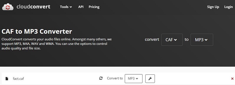 Интерфейс CloudConvert для CAF to MP3