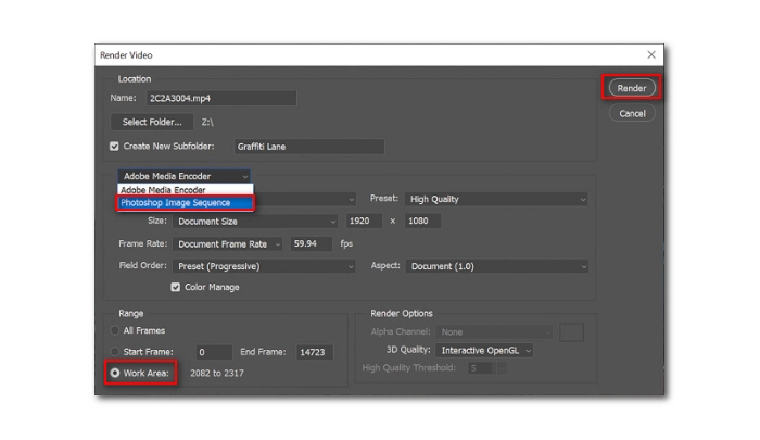 Окно Render Video в Photoshop с режимом Photoshop Image Sequence