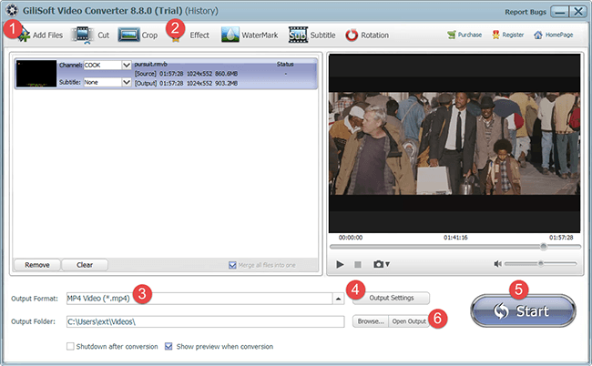 Подготовка конвертации в GiliSoft Video Converter с выбором формата и запуском Start