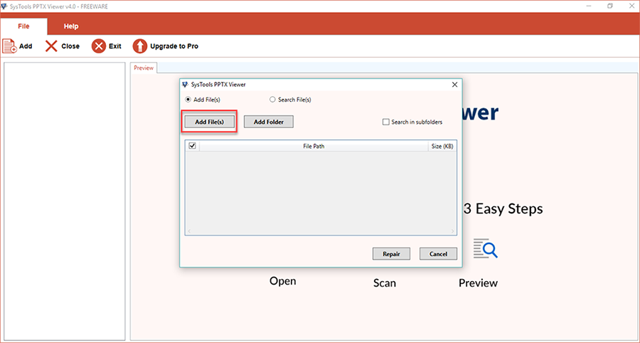 Окно SysTools PPTX Viewer с командами Add File, Add Folder и Search File