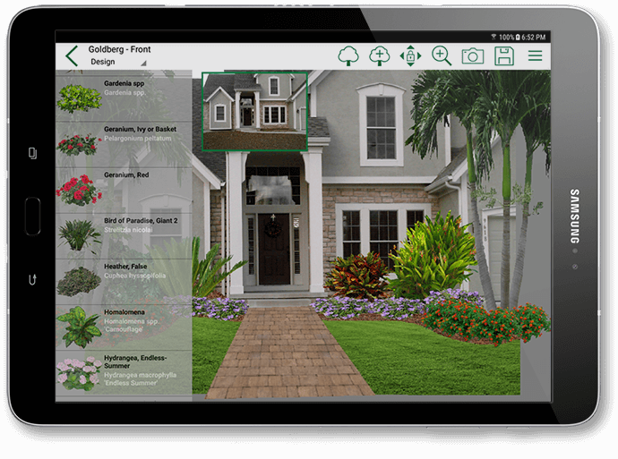 Фотоэскиз в PRO Landscape Companion на Android-планшете с библиотекой растений