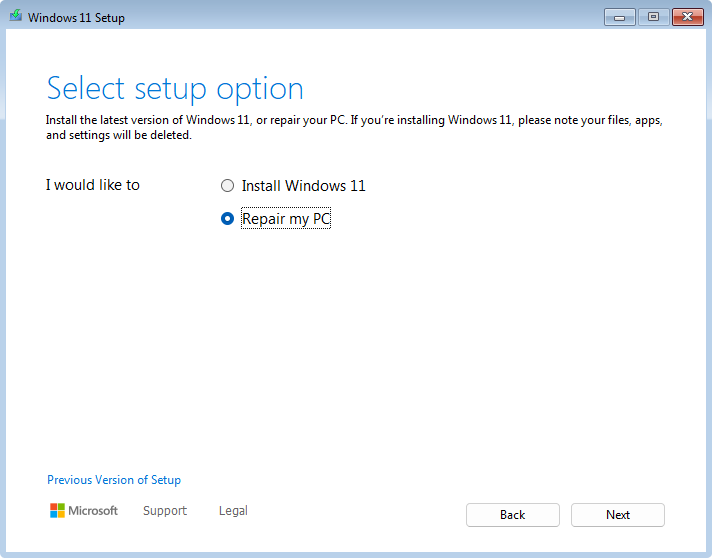 Windows 11 Setup: выбор Repair my PC вместо установки