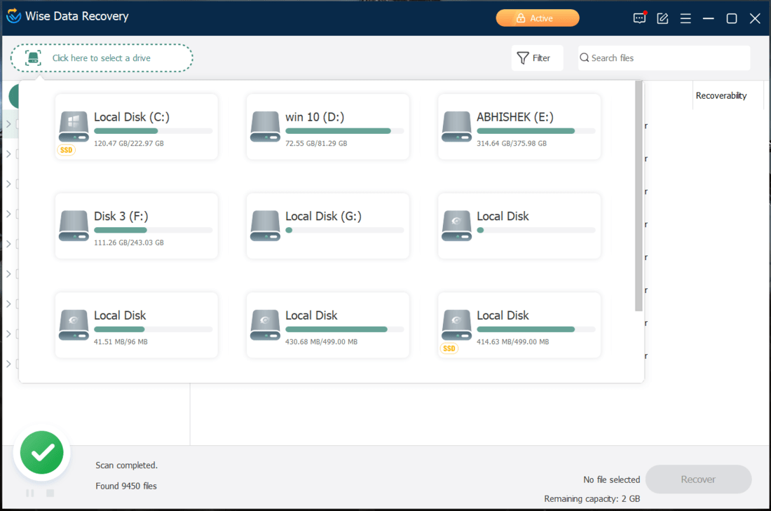 Список найденных файлов и фильтры Wise Data Recovery