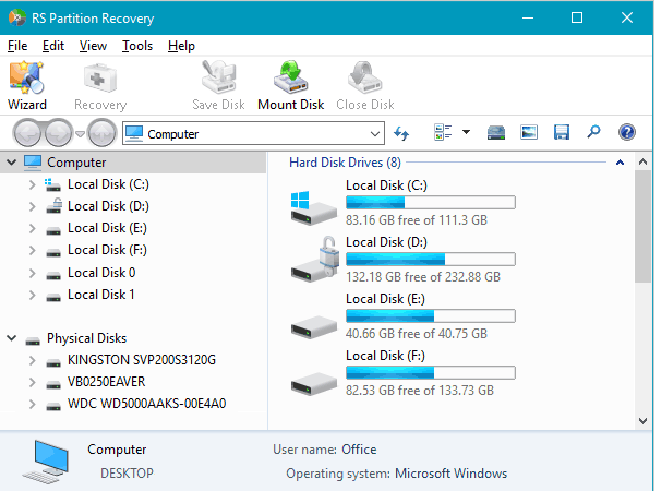 Главное окно RS Partition Recovery со списком логических и физических дисков