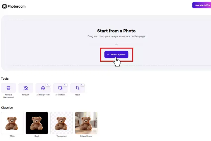 PhotoRoom: веб-интерфейс Start from a Photo и выбор фотографии