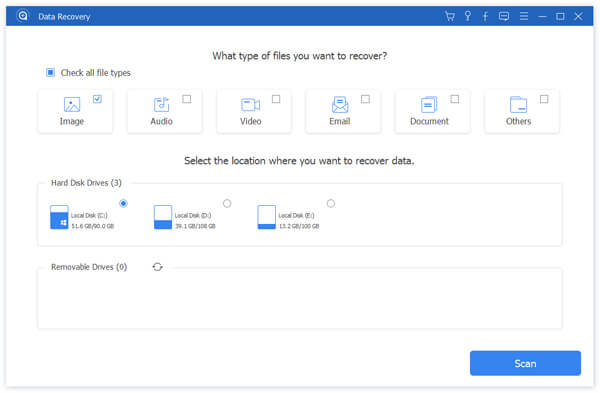 Выбор типа данных и диска в Apeaksoft Data Recovery