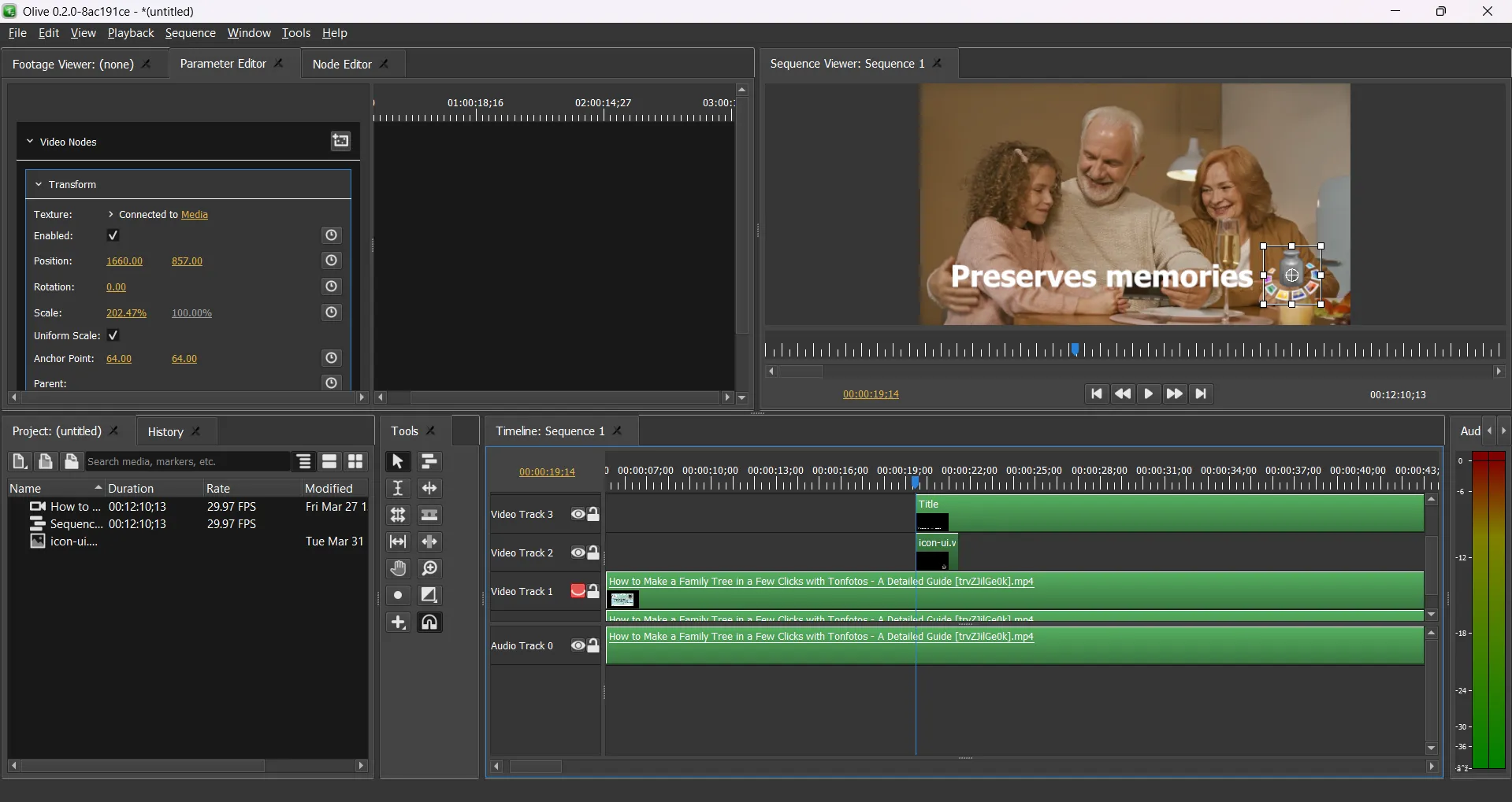 Интерфейс Olive Video Editor с окном просмотра, параметрами и многодорожечным таймлайном