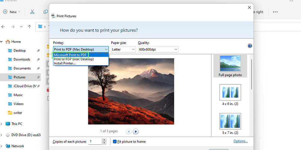 Окно Print Pictures в Windows 11 с выбранным Microsoft Print to PDF и макетами печати