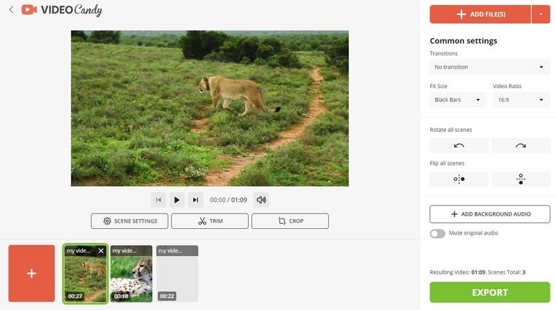 Интерфейс VideoCandy с клипами, Trim, Crop и кнопкой Export