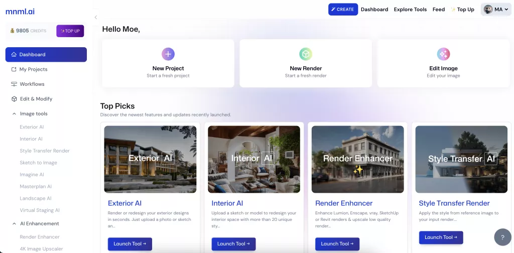 Интерфейс mnml.ai с панелью Create и каталогом AI-инструментов