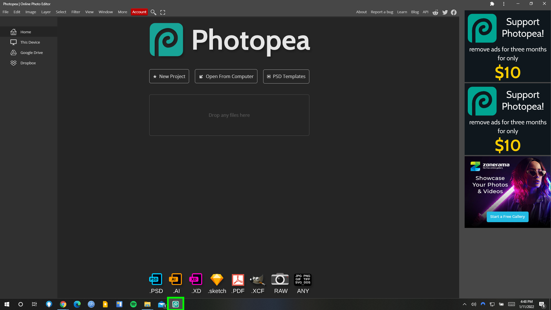 Интерфейс Photopea при просмотре многослойного PSD