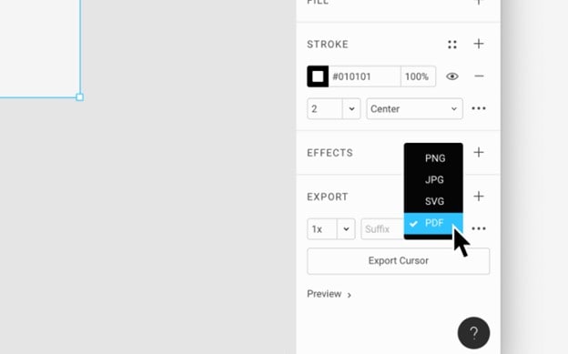 Панель Export в Figma с выбранным форматом PDF