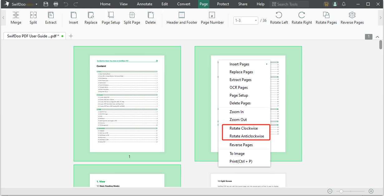 Поворот страниц в SwifDoo PDF