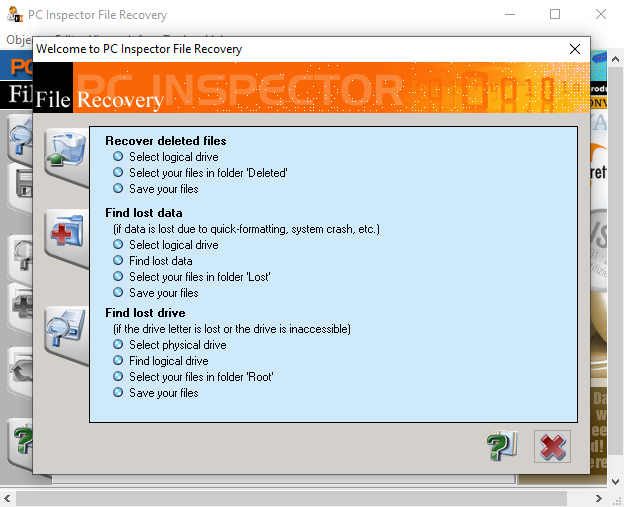 Стартовое окно PC INSPECTOR File Recovery с режимами Recover deleted files, Find lost data и Find lost drive