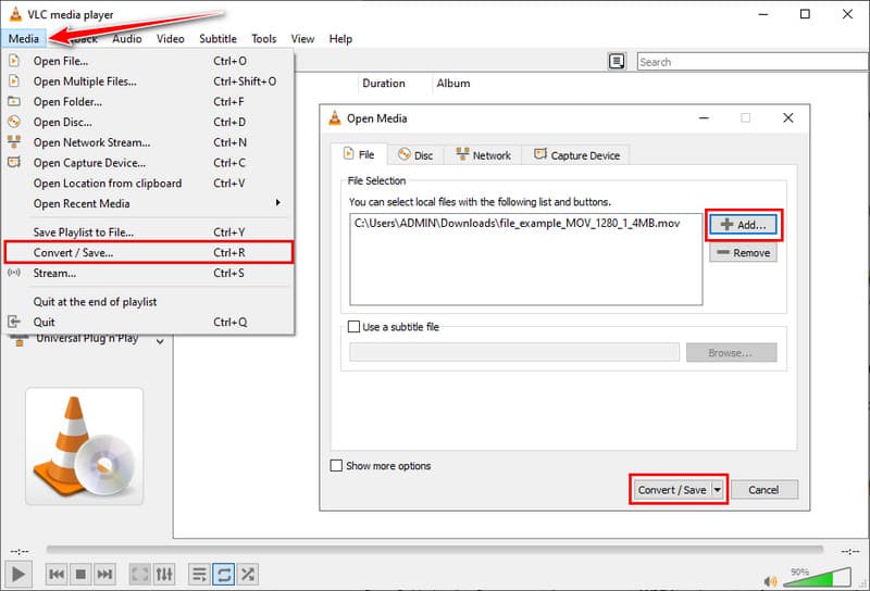 Команда Convert / Save и окно добавления файла в VLC Media Player