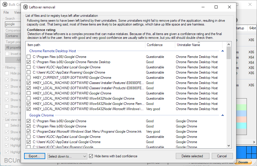 Окно проверки остатков в Bulk Crap Uninstaller