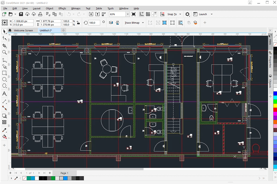 Интерфейс CorelDRAW при работе с технической графикой