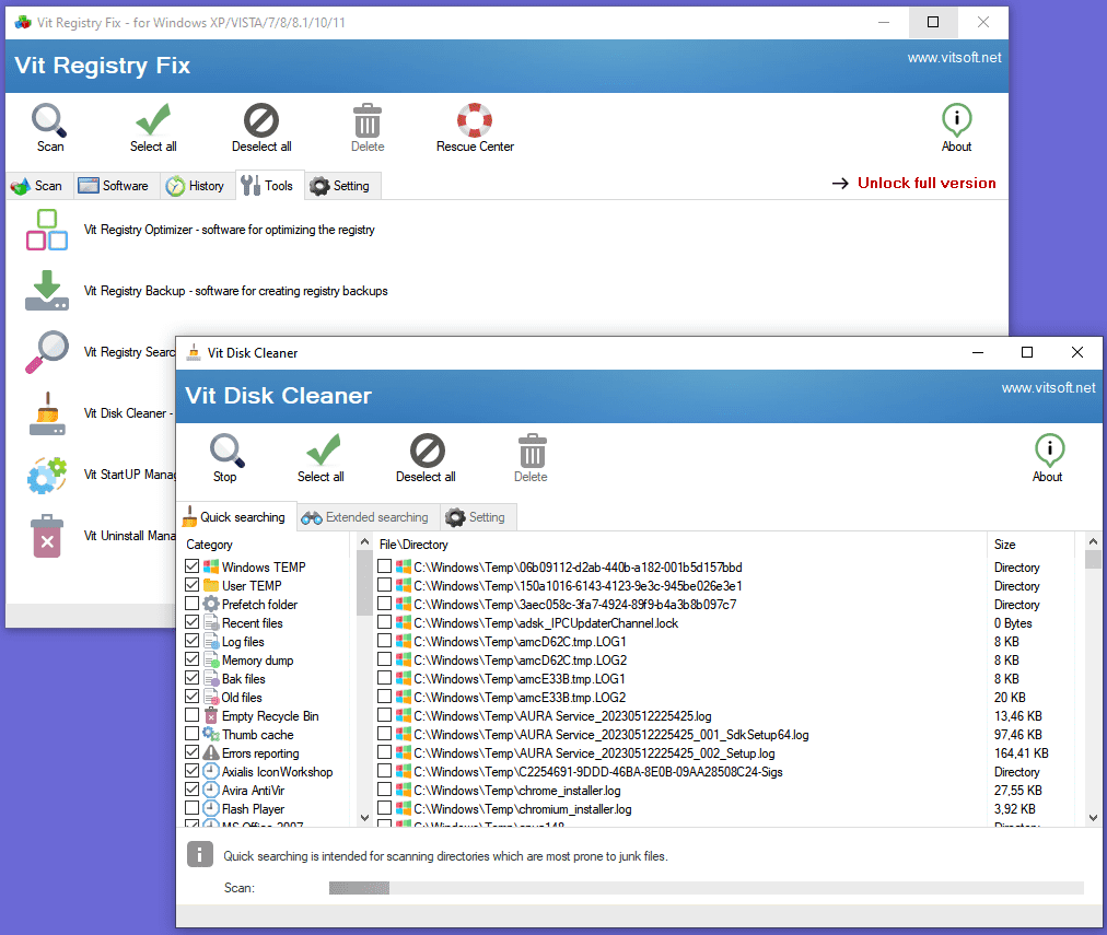 Интерфейс Vit Registry Fix с вкладкой Tools и окном Vit Disk Cleaner