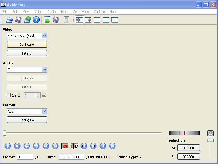 Интерфейс Avidemux с MPEG-4 ASP Xvid, Configure, Filters, Audio Output и AVI