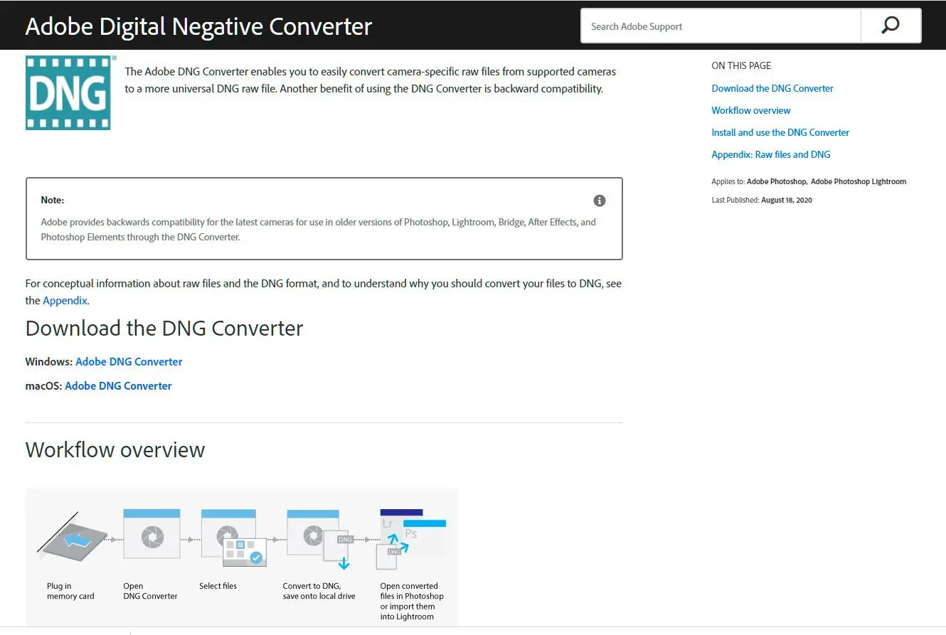 Окно Adobe DNG Converter