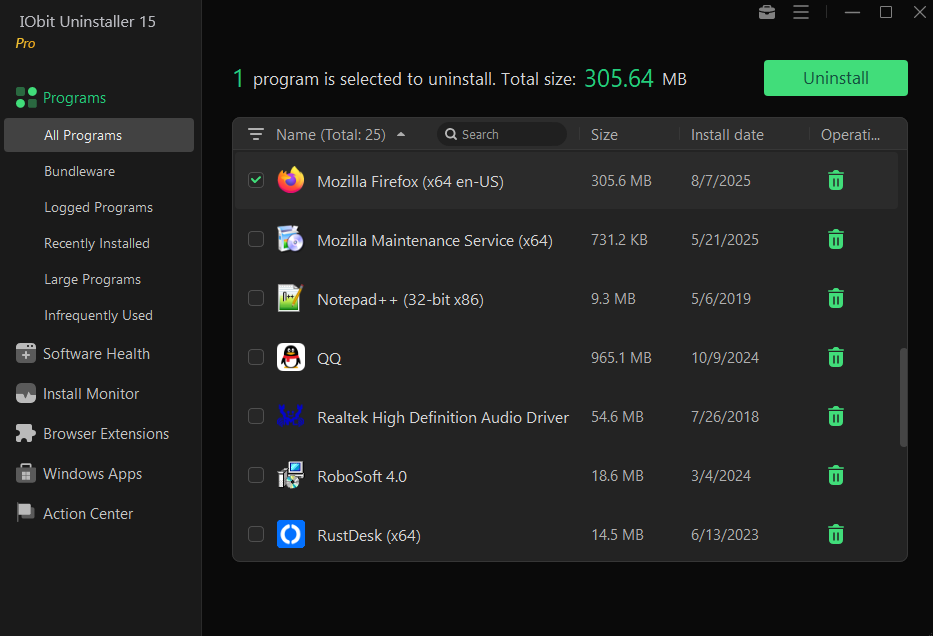 Список установленных программ в IObit Uninstaller