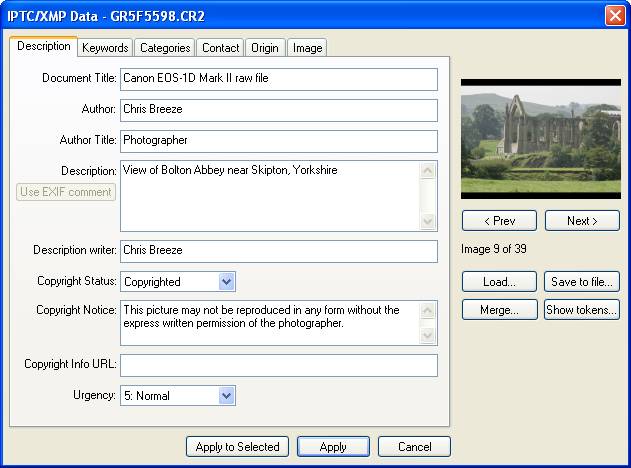 Окно IPTC/XMP Data в BreezeBrowser Pro