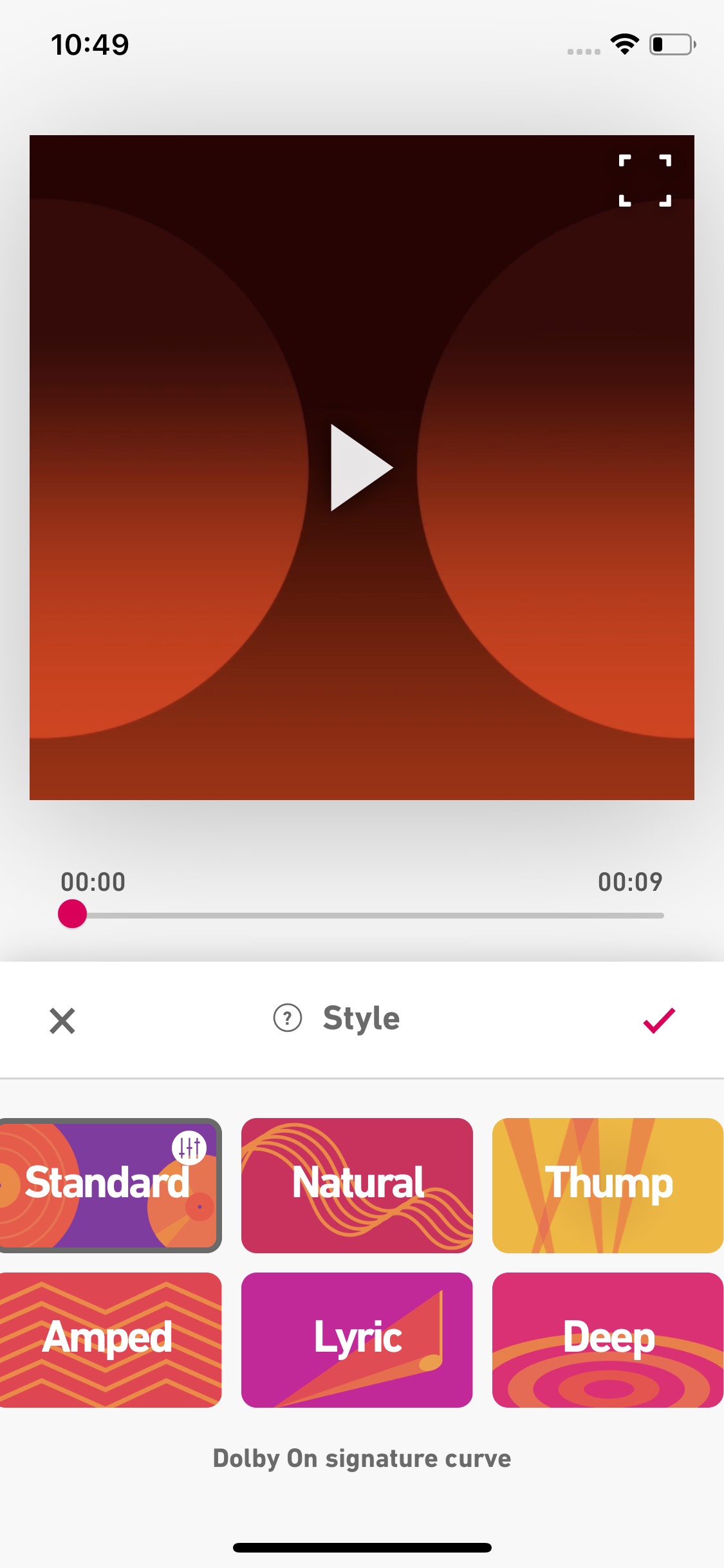 Экран Style в Dolby On с вариантами Standard, Natural, Thump, Amped, Lyric и Deep