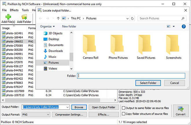 Выбор Output Folder в Pixillion
