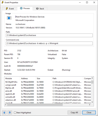 Свойства события и процесса в Process Monitor