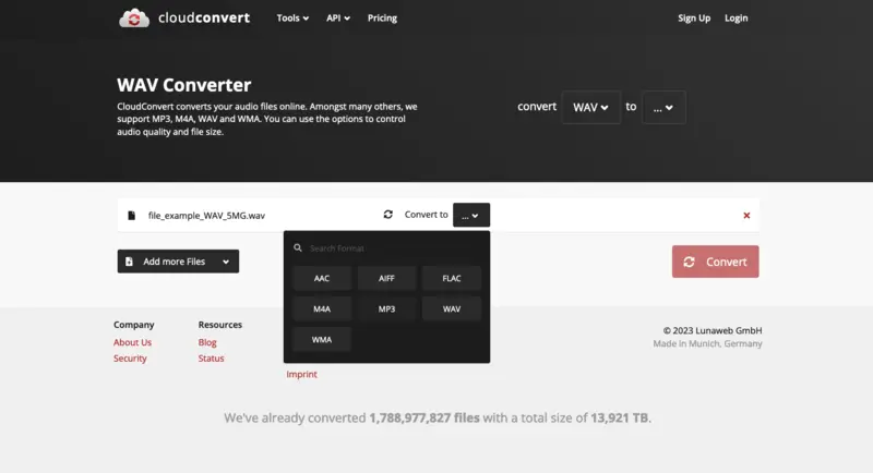 CloudConvert с WAV и выбором выходного формата