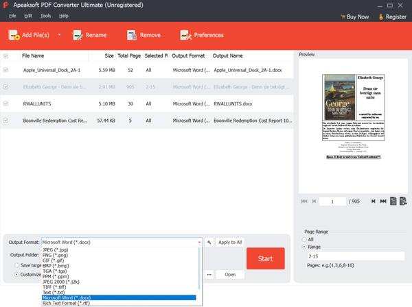 Выбор выходного формата в Apeaksoft PDF Converter Ultimate