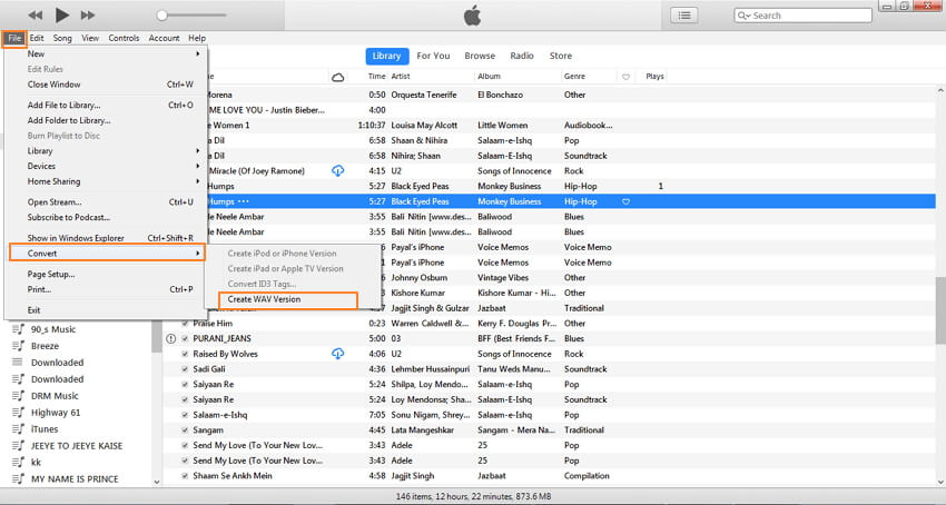 Команда создания WAV-версии в iTunes