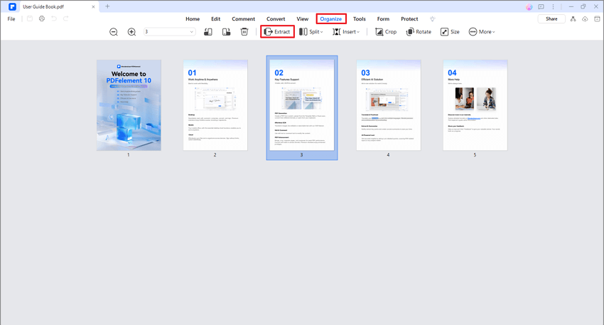 PDFelement в режиме Organize с кнопкой Extract