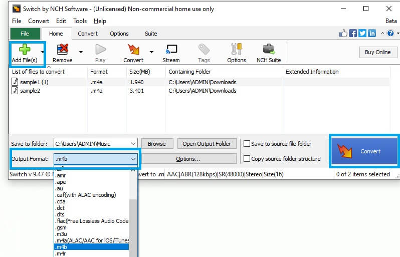 Switch Audio File Converter: список файлов, папка назначения, формат и кнопка Convert