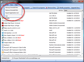 Меню File в Absolute Uninstaller с пунктами Backup Uninstall Info, Restore Uninstall Info и Export Application List