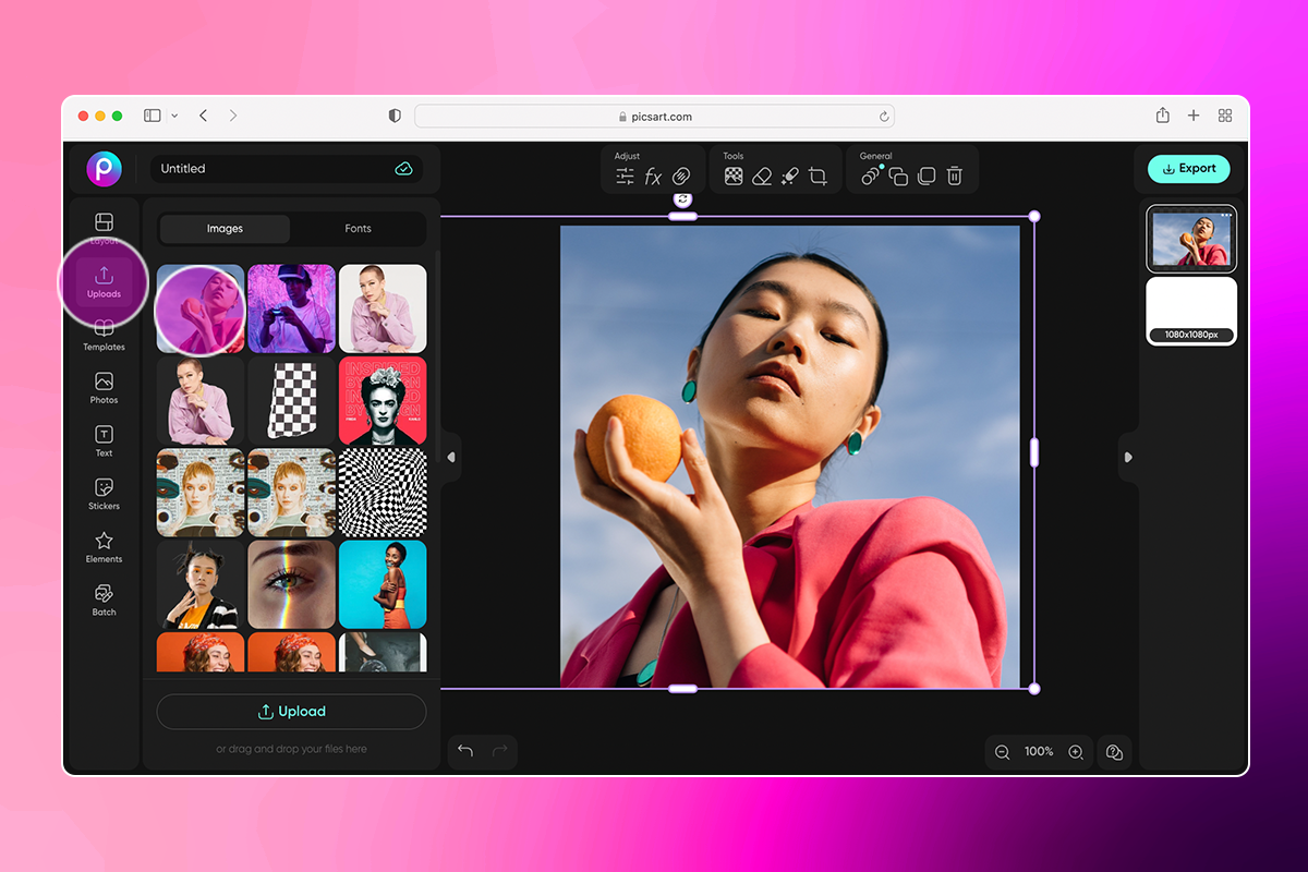 Веб-интерфейс PicsArt с фотографией на холсте
