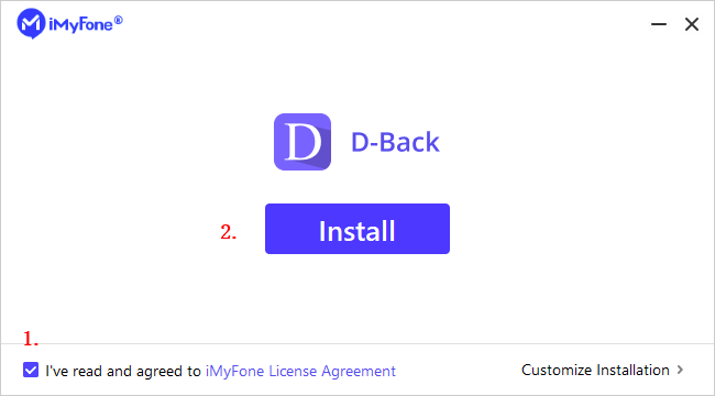 Окно установки iMyFone D-Back с кнопкой Install
