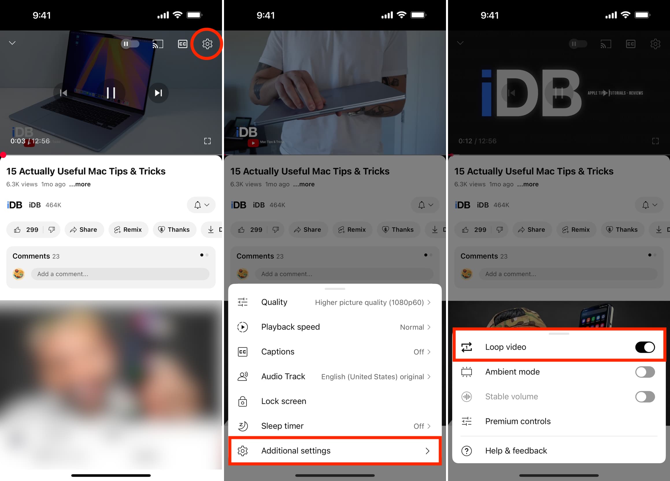 YouTube на телефоне: Settings, Additional settings и переключатель Loop video
